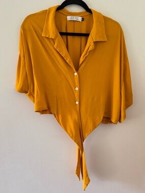 Ava Sky Mustard Tie-Front Button Crop Shirt